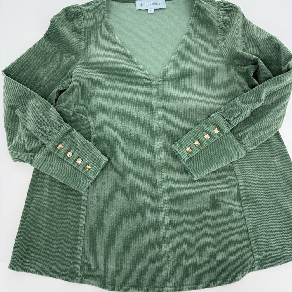 Tuckernuck Womens S Green Corduroy Tunic Top Puff Sleeve Gold Stud Cuff Babydoll - Picture 6 of 10